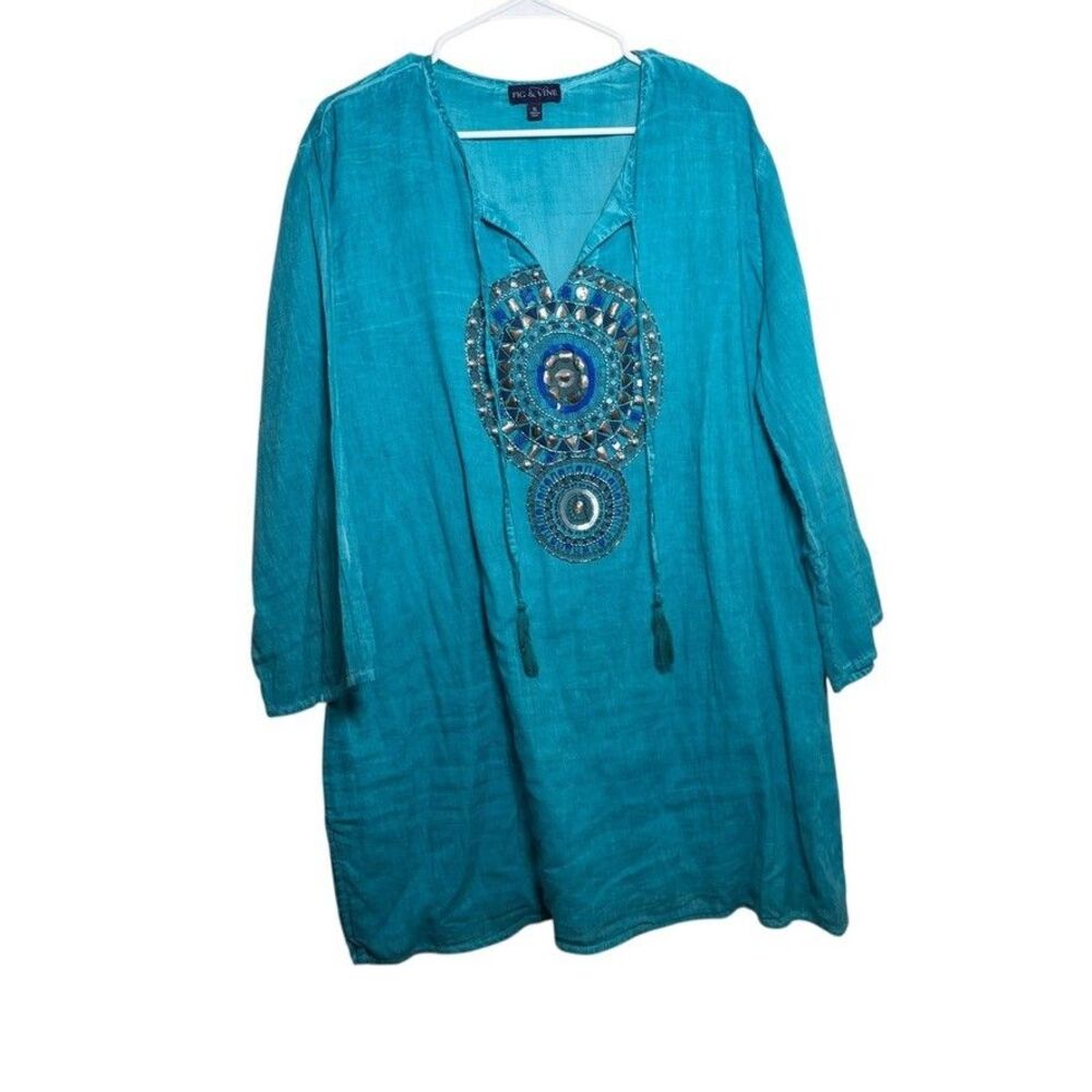 Fig & Vine Blouse Women's XL Blue V-Neck Emrboidered Beaded Tassel Boho Top